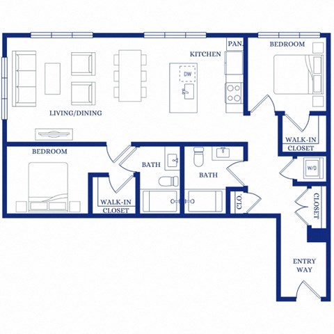 Floor plan for 2 beds, 2 baths, 995 sqft